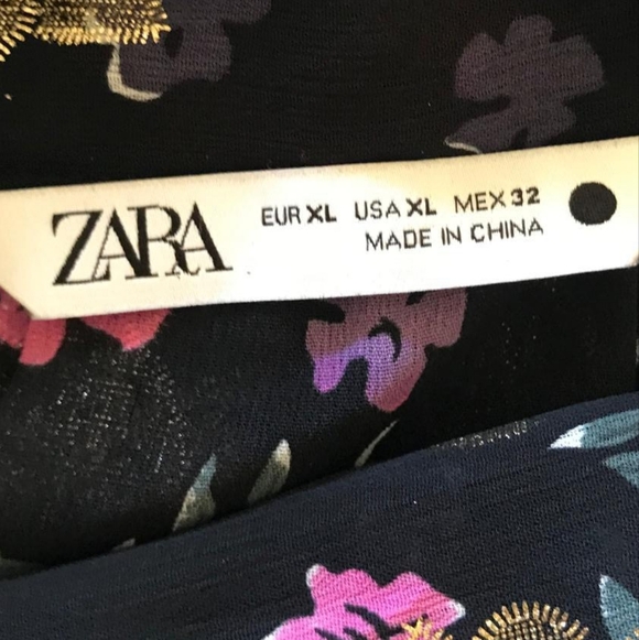 ZARA XL Black Gold Pink Floral Metallic Tie Neck Blouse Puff Sleeve Evening Top - Picture 4 of 8